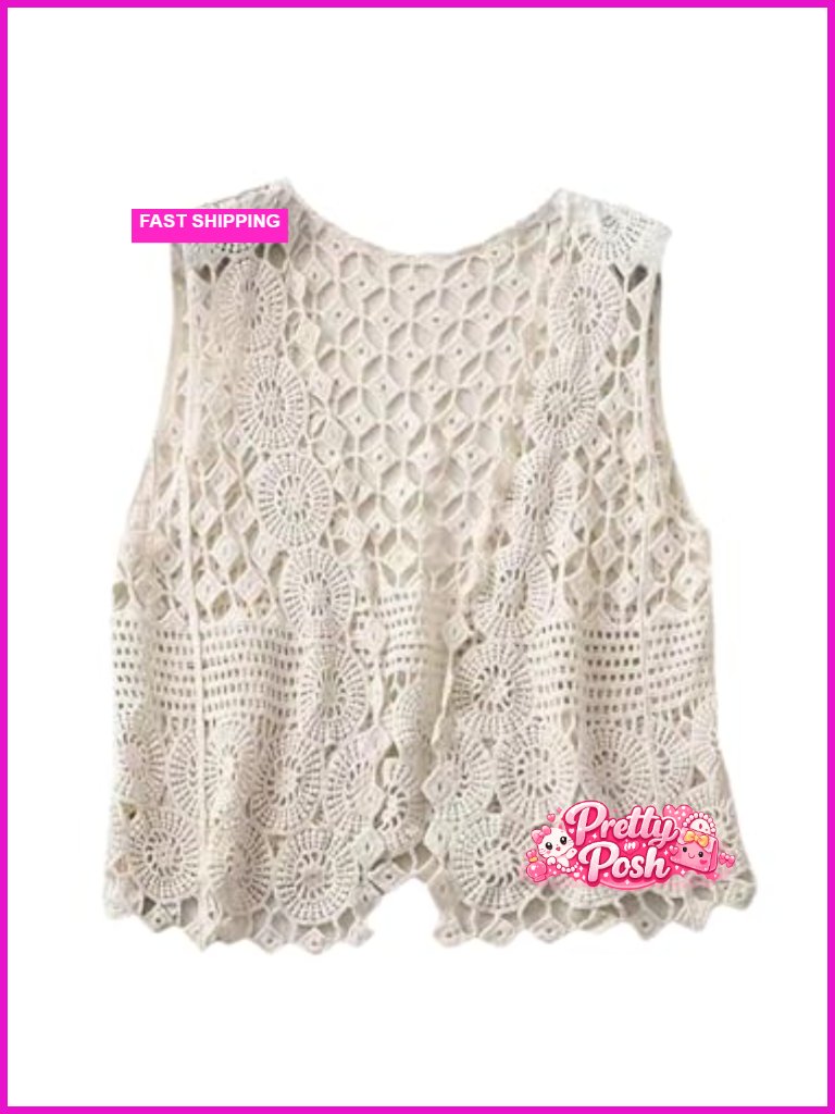 Crochet Knit Hollow Out Sleeveless Sweater Vest Open Front Cardigan